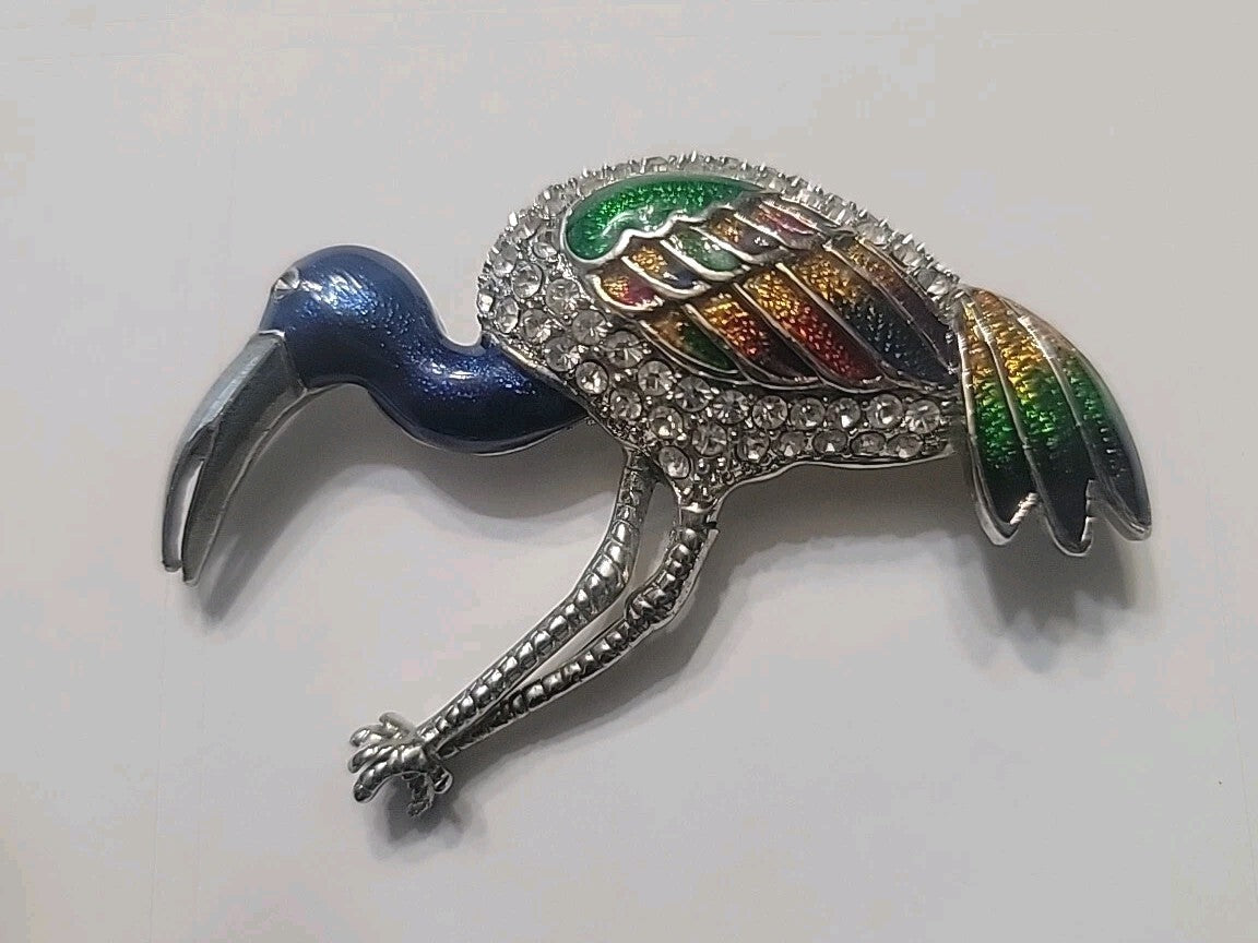 Vintage Style Crane Bird Brooch Pin Rhinestone Enamel Multicolor Heron Statement