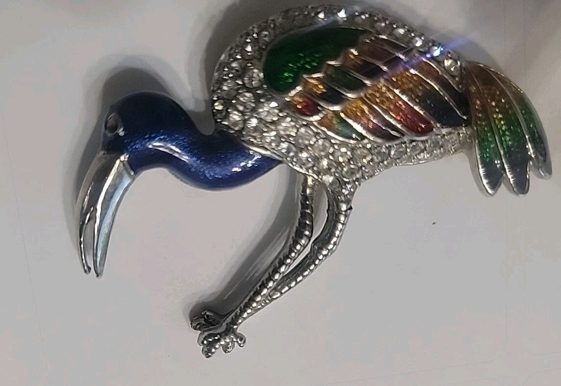 Vintage Style Crane Bird Brooch Pin Rhinestone Enamel Multicolor Heron Statement