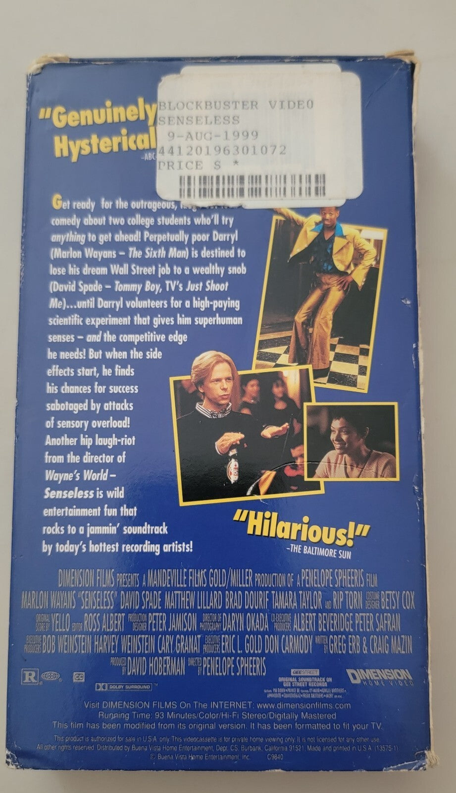 Senseless VHS 1998 Marlon Wayans David Spade Dimension Blockbuster Former...