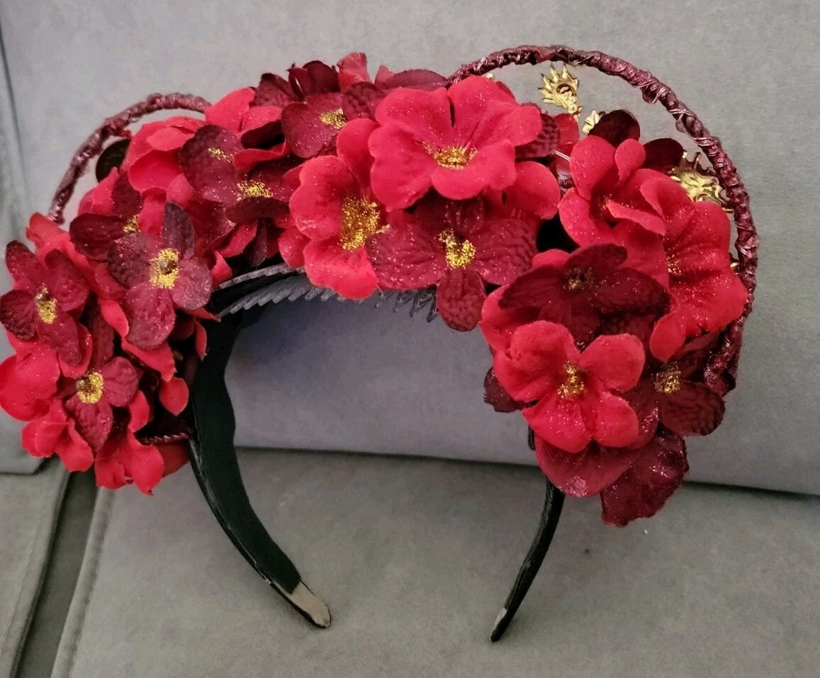 Handmade Mulan Inspired Red Floral Headband Gold Dragon Chinese Coin Costume