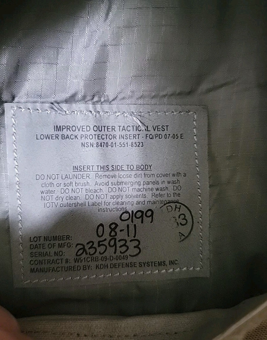 USGI IOTV Lower Back Protector Shell + Insert Multicam KDH NSN 8470-01-551-8523