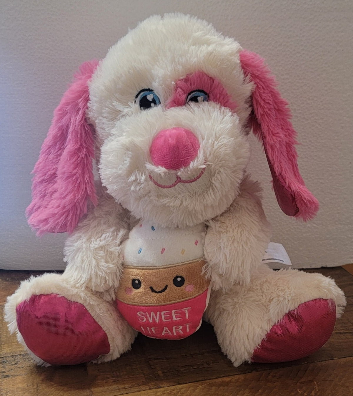 Sweet Heart Plush Puppy Dog Holding Cupcake White Pink Stuffed Animal Toy