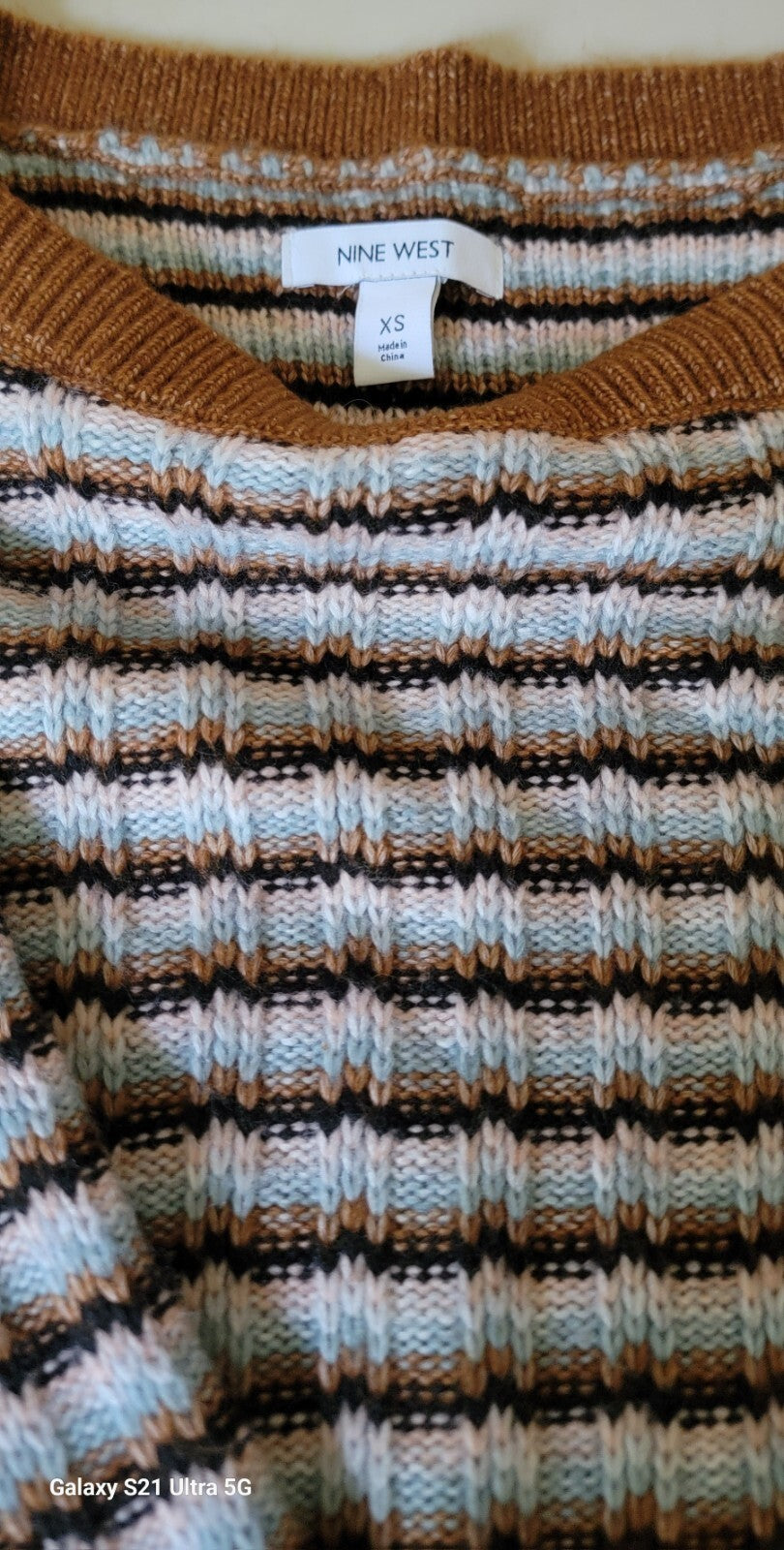 Nine West Womens XS Textured Stripe Knit Sweater Brown Blue Black Crewneck
