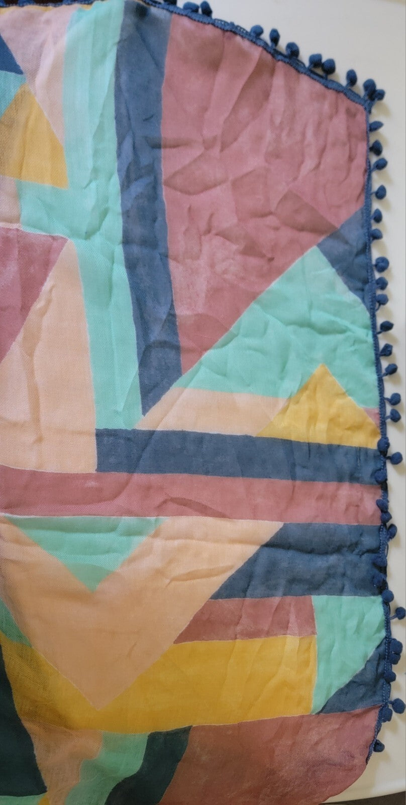 Prana Scarf Geometric block-print Oversized Sarong Pom Pom Trim 68”L x 38”W Boho