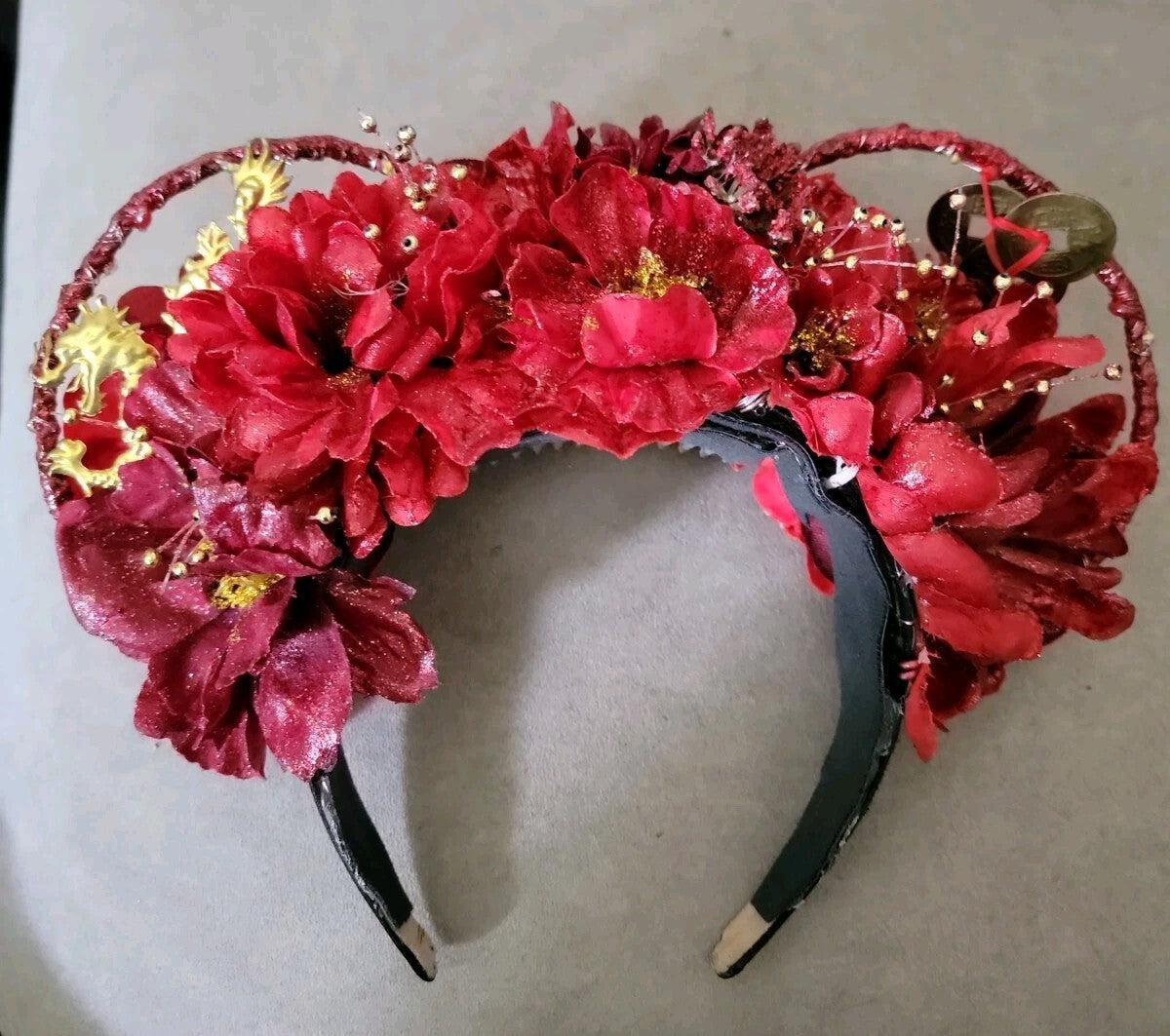 Handmade Mulan Inspired Red Floral Headband Gold Dragon Chinese Coin Costume
