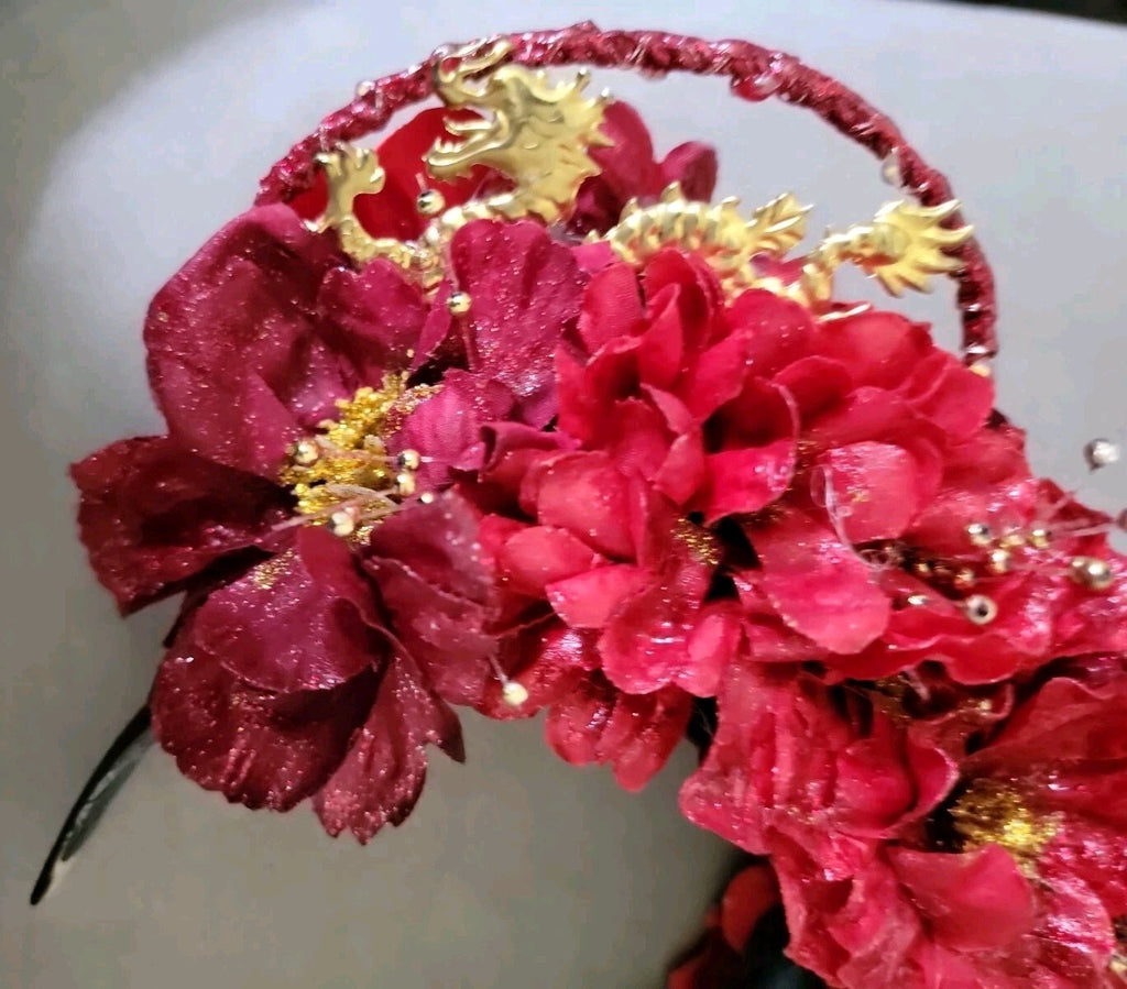 Handmade Mulan Inspired Red Floral Headband Gold Dragon Chinese Coin Costume