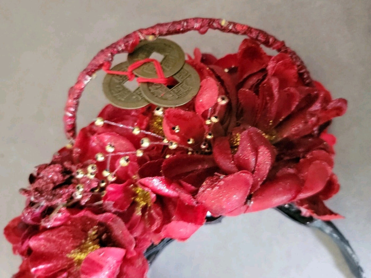 Handmade Mulan Inspired Red Floral Headband Gold Dragon Chinese Coin Costume