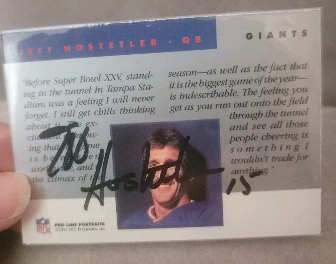 Jeff Hostetler Signed 1991 Pro Line Portraits NFL Card Auto #15 Embossed Seal
