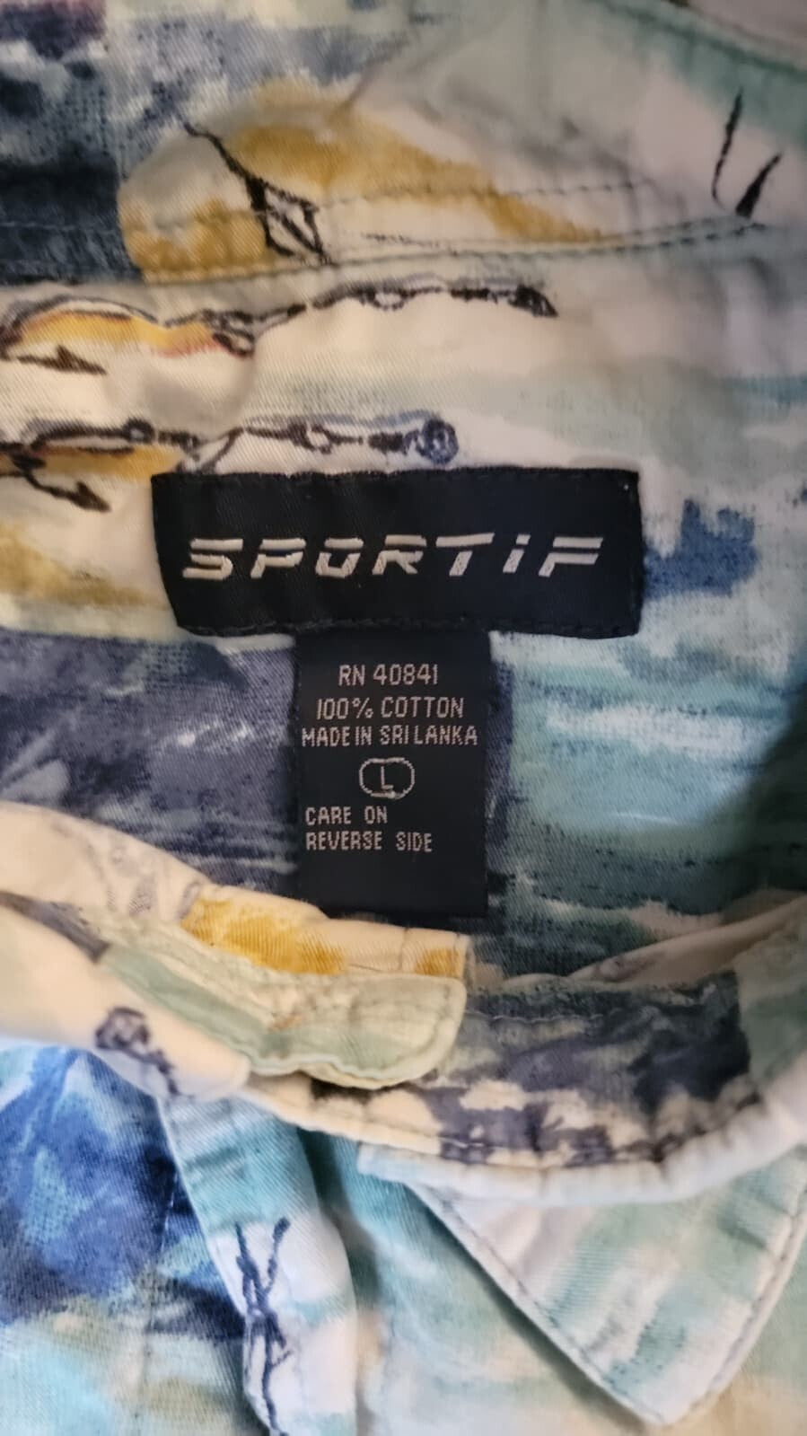 Sportif Fishing Shirt Mens L Marlin Deep Sea Boat Ocean Print Button Up