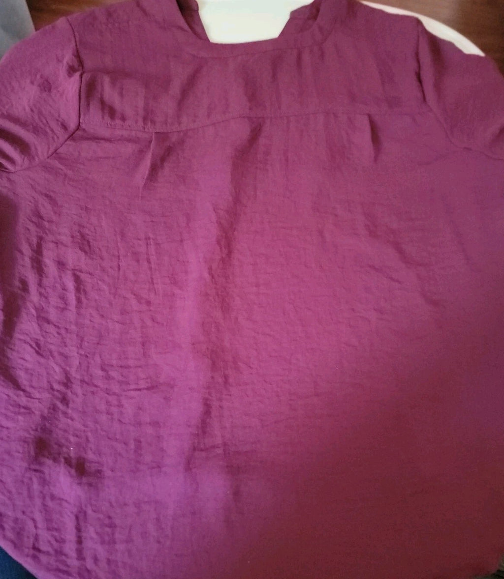 a.n.a Burgundy Solid V-Neck Roll Tab 3/4 Sleeve Pullover Blouse Women's P-XXL
