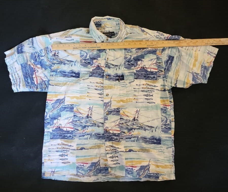 Sportif Fishing Shirt Mens L Marlin Deep Sea Boat Ocean Print Button Up