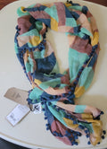Prana Scarf Geometric block-print Oversized Sarong Pom Pom Trim 68”L x 38”W Boho