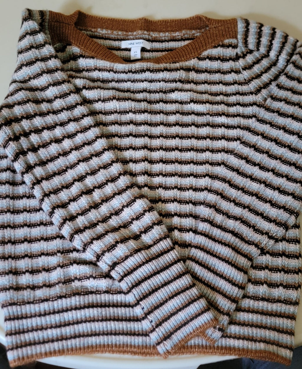 Nine West Womens XS Textured Stripe Knit Sweater Brown Blue Black Crewneck