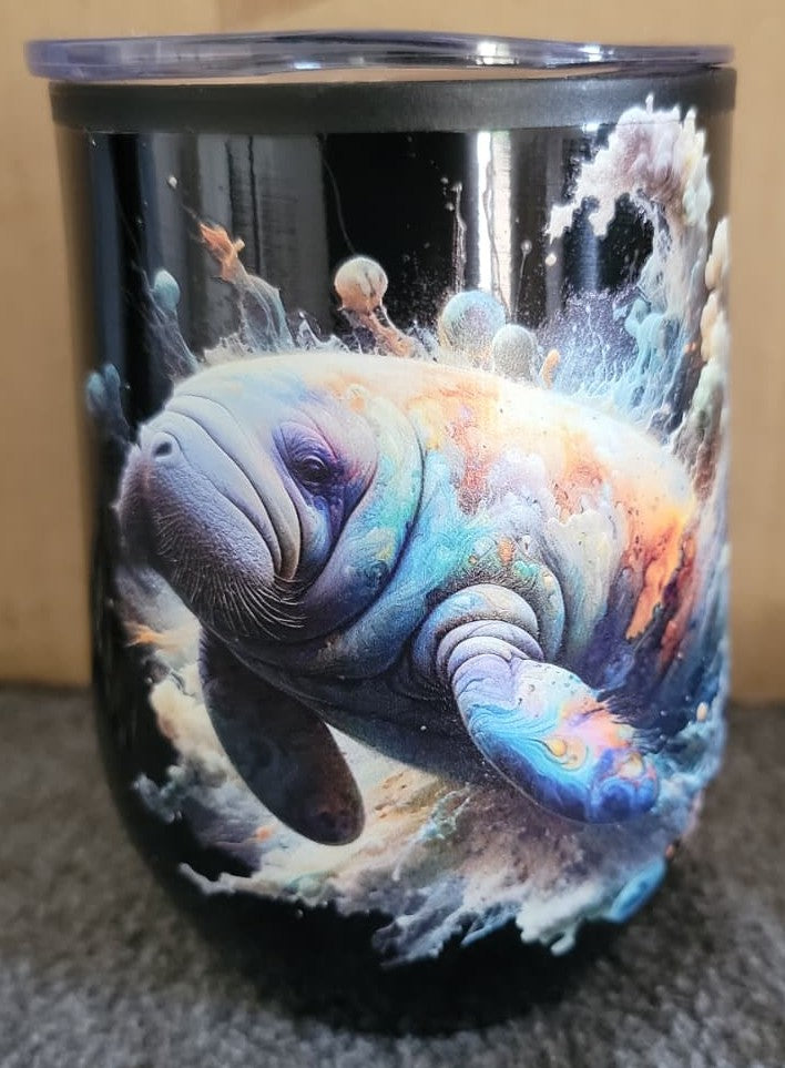 Cosmic Manatee 12 oz Stainless Steel Tumbler with Lid – UV Printed Ocean Art