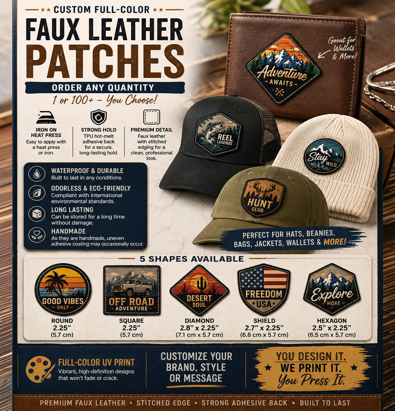Custom UV Printed Leather Heat Press Logo for Hats Bags Apparel