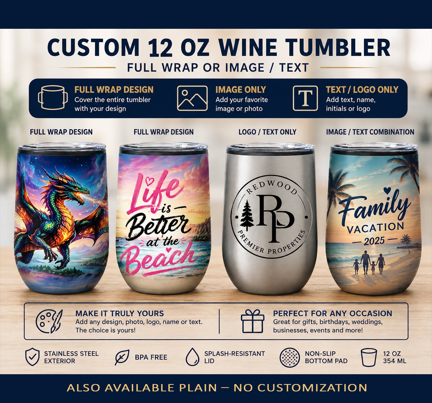 Custom UV Printed 12 oz Stemless Wine Tumbler with Lid
