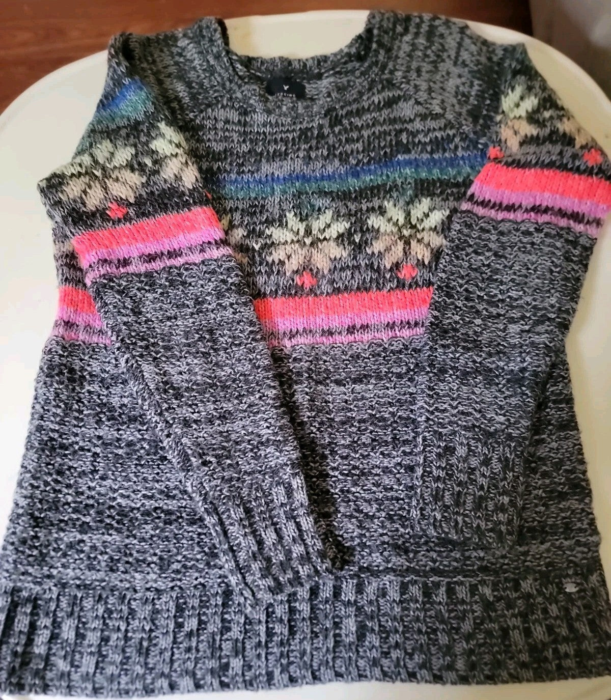 American Eagle Womens S Fair Isle Sweater Wool Mohair Blend Gray Multicolor