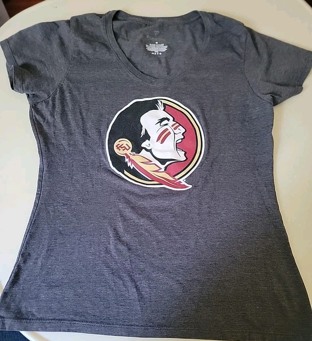 Florida State Seminoles Fanatics Women’s T-Shirt Medium Gray V-Neck FSU Logo