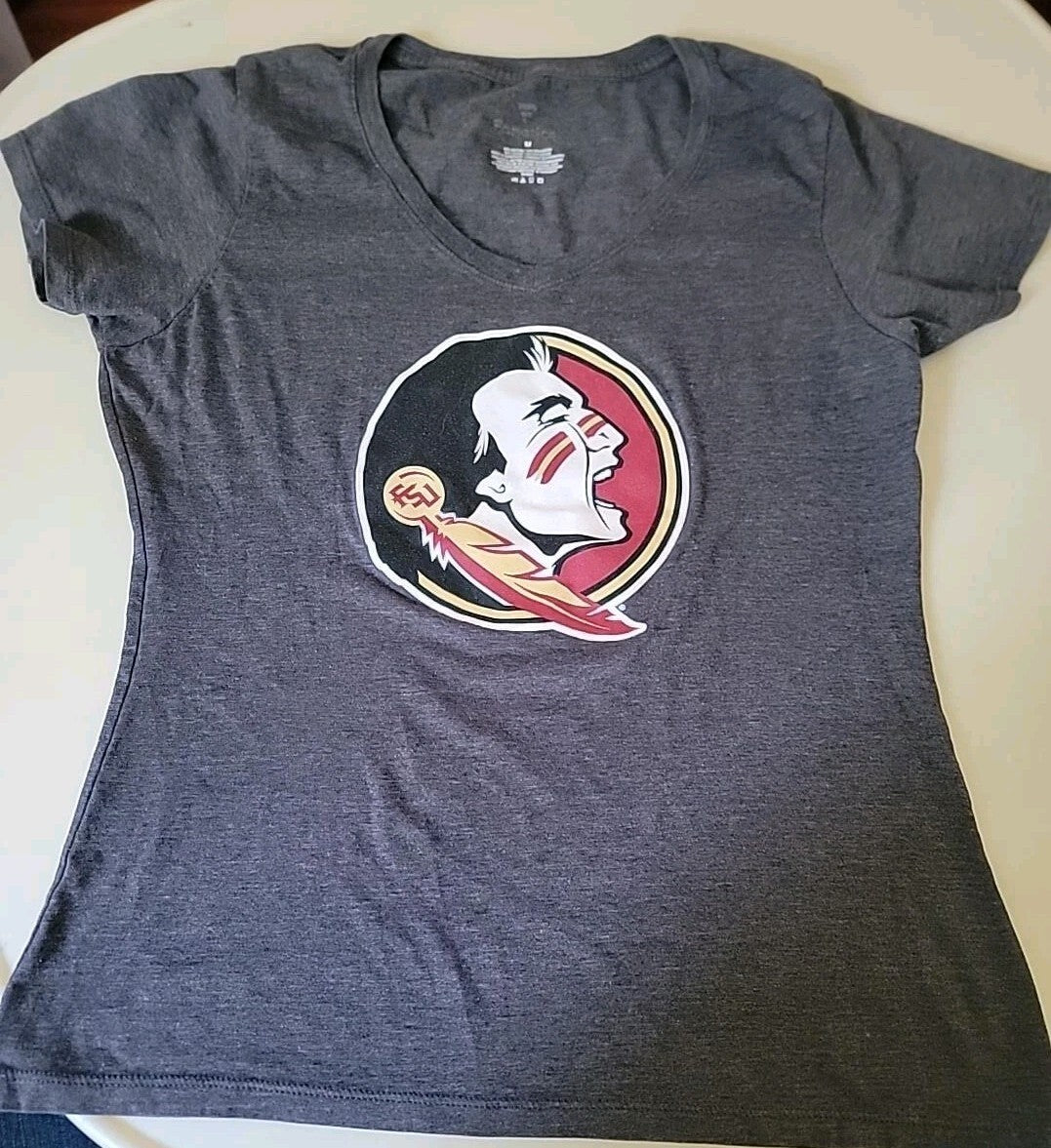 Florida State Seminoles Fanatics Women’s T-Shirt Medium Gray V-Neck FSU Logo