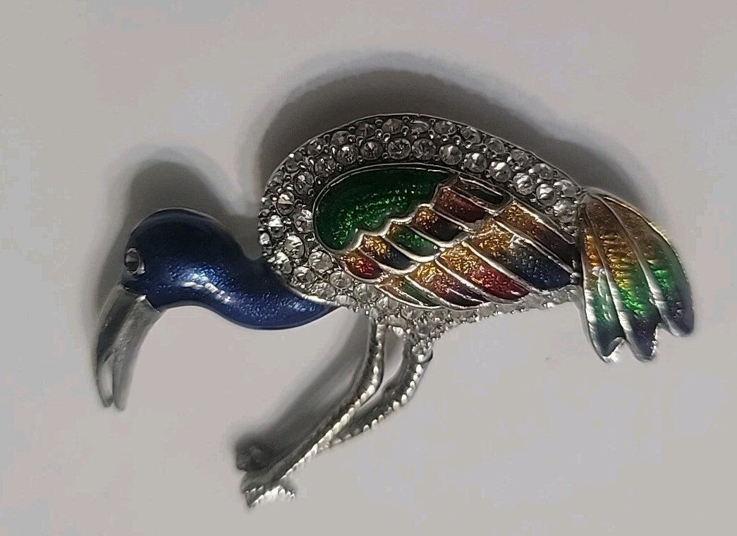 Vintage Style Crane Bird Brooch Pin Rhinestone Enamel Multicolor Heron Statement