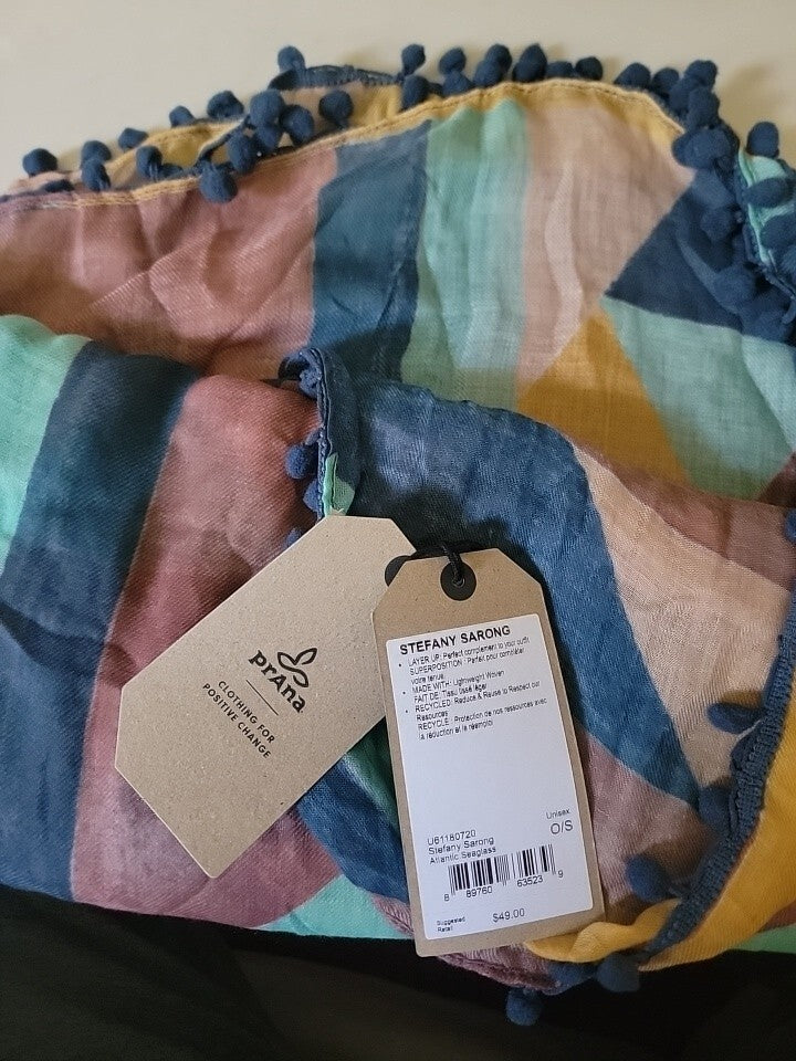 Prana Scarf Geometric block-print Oversized Sarong Pom Pom Trim 68”L x 38”W Boho