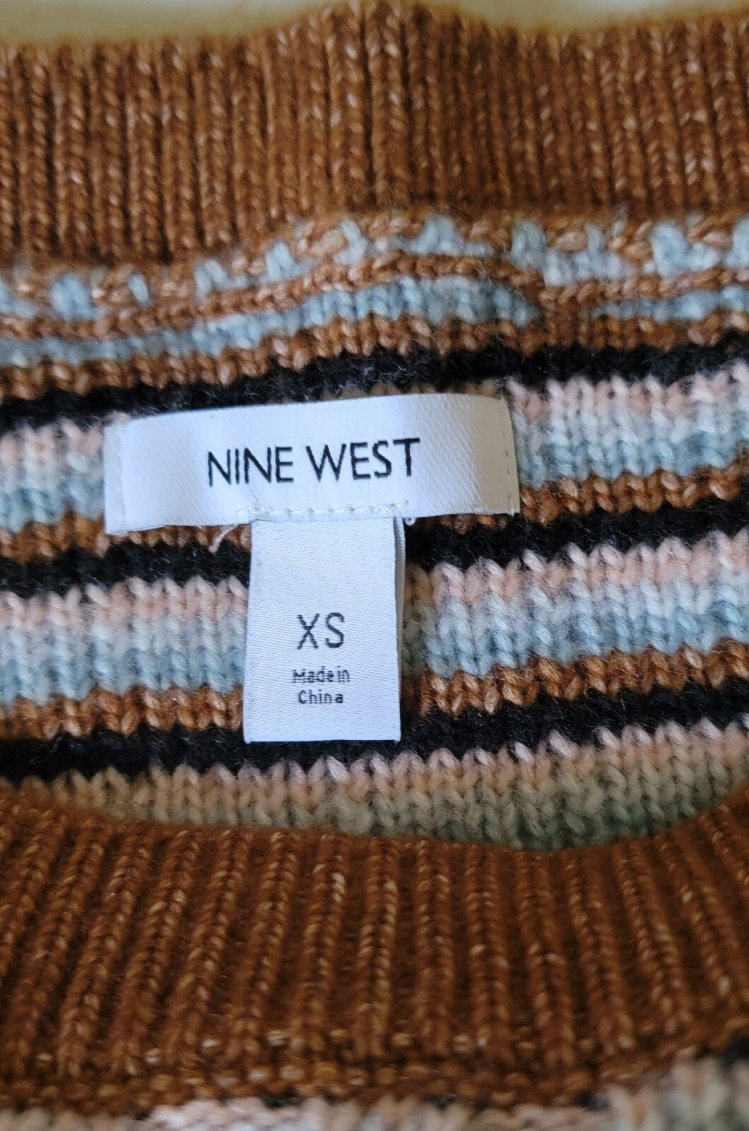 Nine West Womens XS Textured Stripe Knit Sweater Brown Blue Black Crewneck