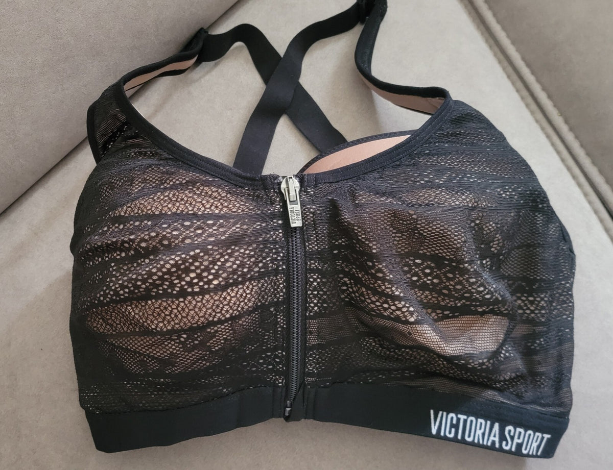 Victoria’s Secret Knockout Sports Bra 32DDD Black Lace Nude Front Zip