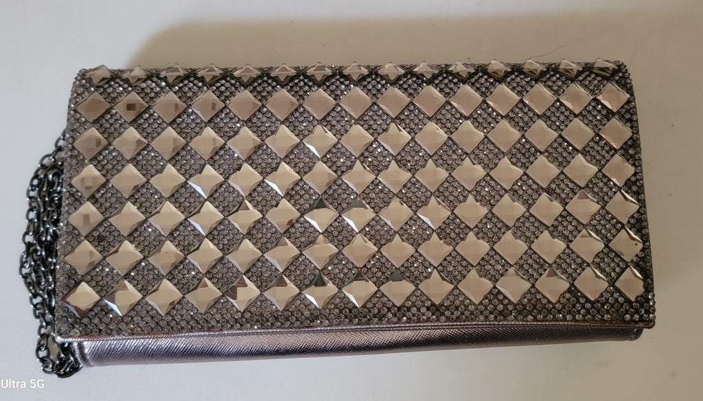 Metallic Rhinestone Clutch Evening Bag Chain Strap Mirrored Studs Formal Purse