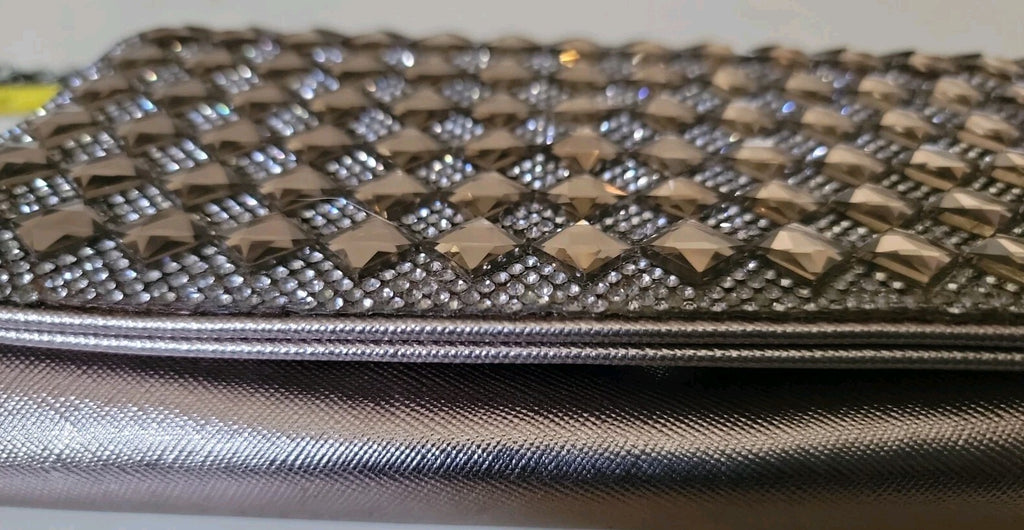 Metallic Rhinestone Clutch Evening Bag Chain Strap Mirrored Studs Formal Purse