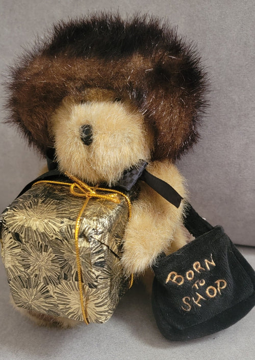 Boyds Bears Ivanna Spendalot plush teddy bear w/ gift box & faux fur hat tags