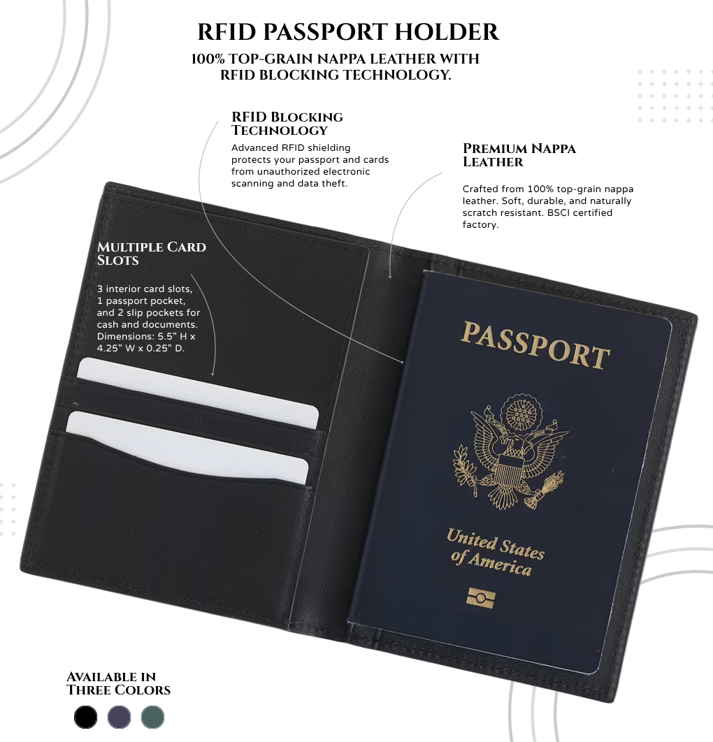 RFID Passport Holder with Passport Ribbon | Top-Grain Nappa Leather | RFID Blocking